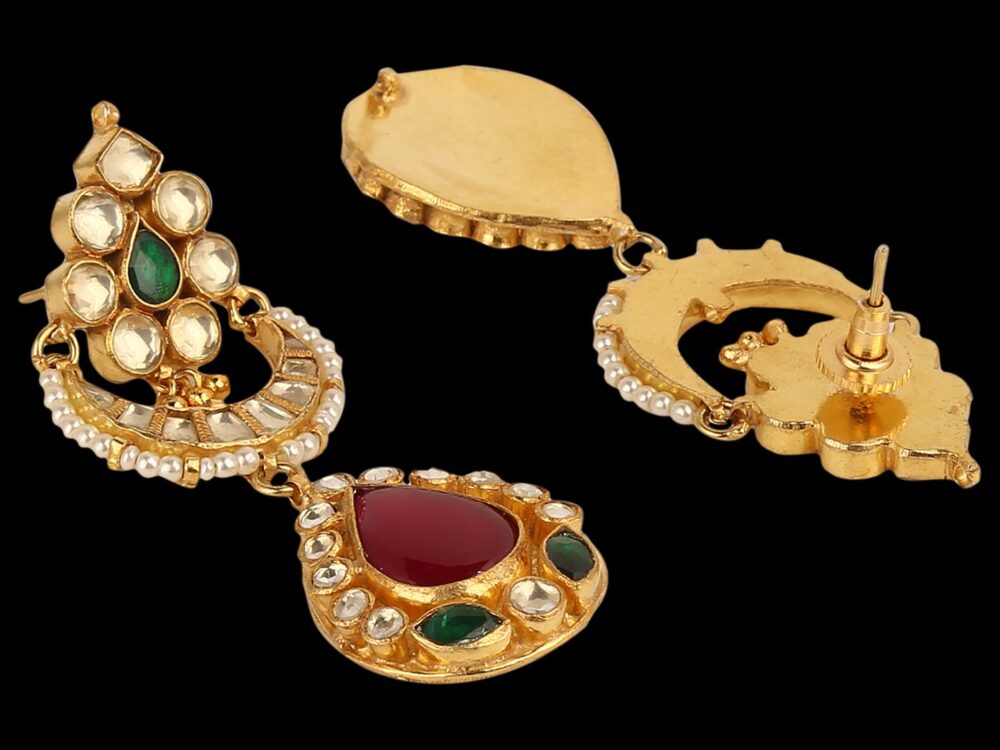 Traditional Micro Gold Polished Semi Precious Kundan & Pearl Earrings for Women. EAR749ON - Image 3