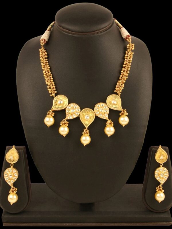 Traditional Micro Gold Polished Semi Precious Polki/Kundan & Pearl Necklace Set for Women - Image 4