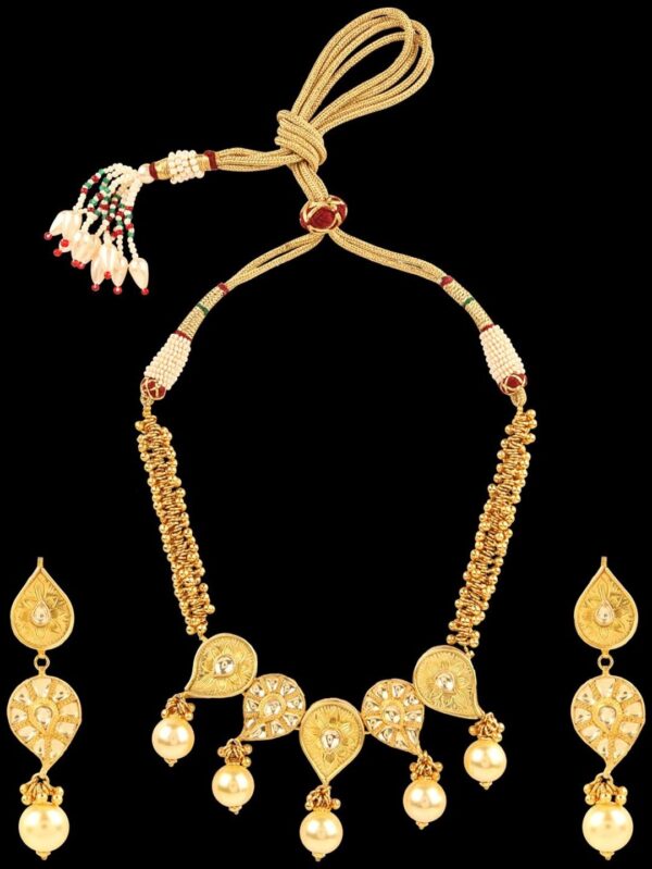 Traditional Micro Gold Polished Semi Precious Polki/Kundan & Pearl Necklace Set for Women - Image 5