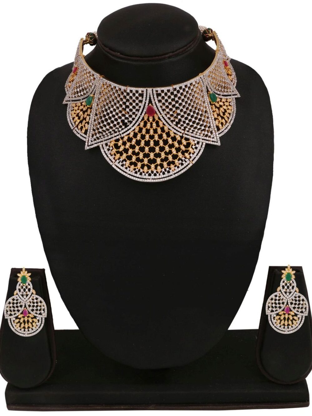 Two-Tone Elegance: Ruby and Green Cubic Zirconia Choker with Net Design in Gold and Silver Polish