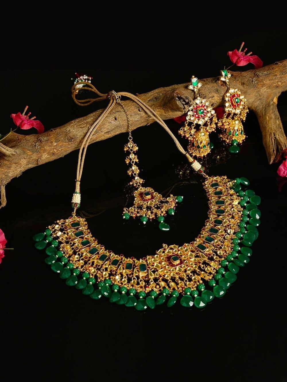 Fancy Micro Gold Polished Semi Precious Kundan, Coloured Beads & Pearl Necklace set for women.