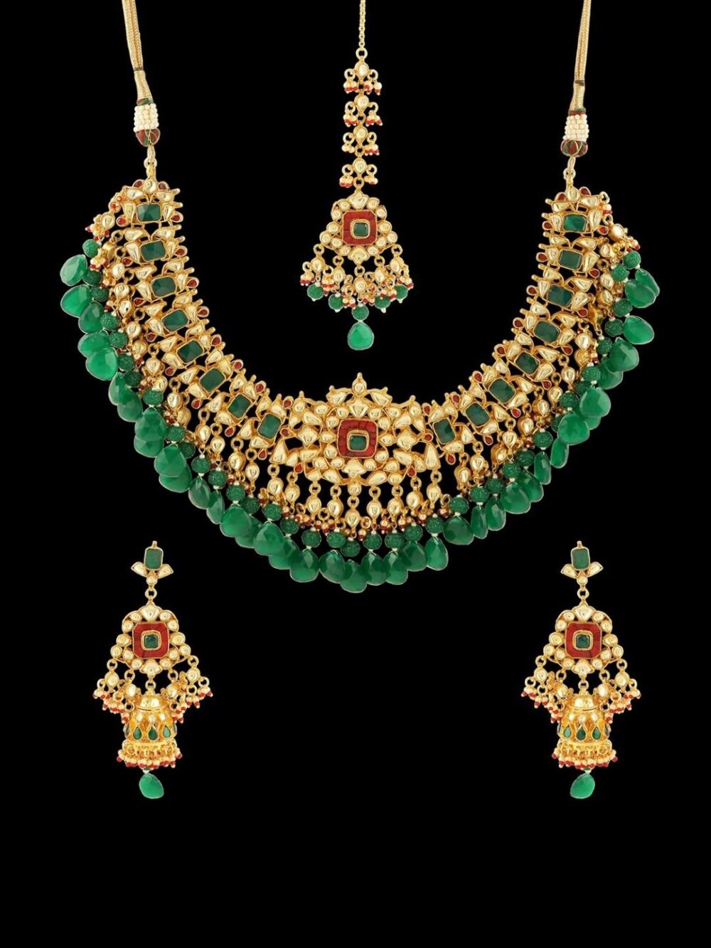 Fancy Micro Gold Polished Semi Precious Kundan, Coloured Beads & Pearl Necklace set for women. - Image 5