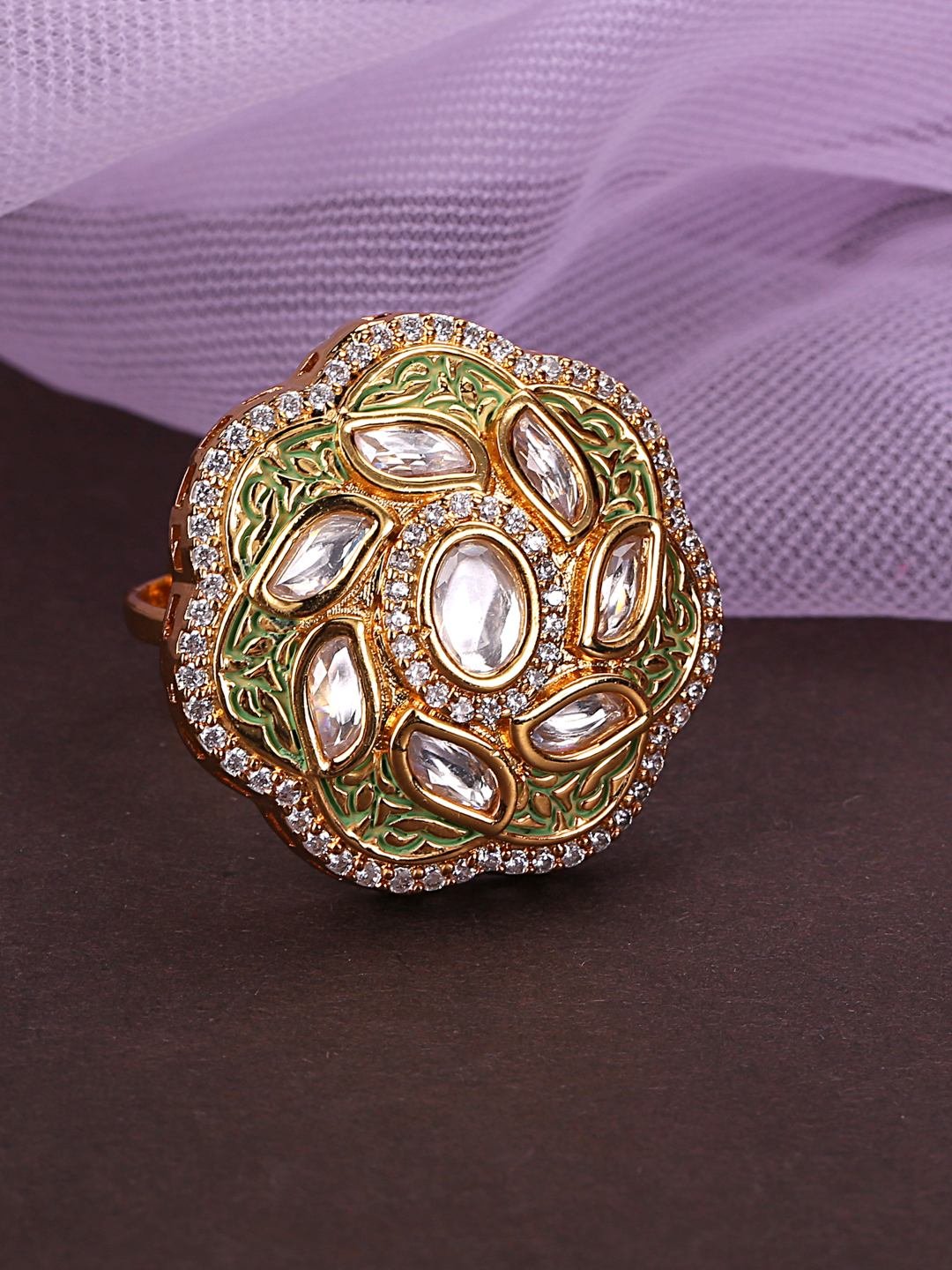 Round Flower with Unique Stone Studded Petals Finger Ring