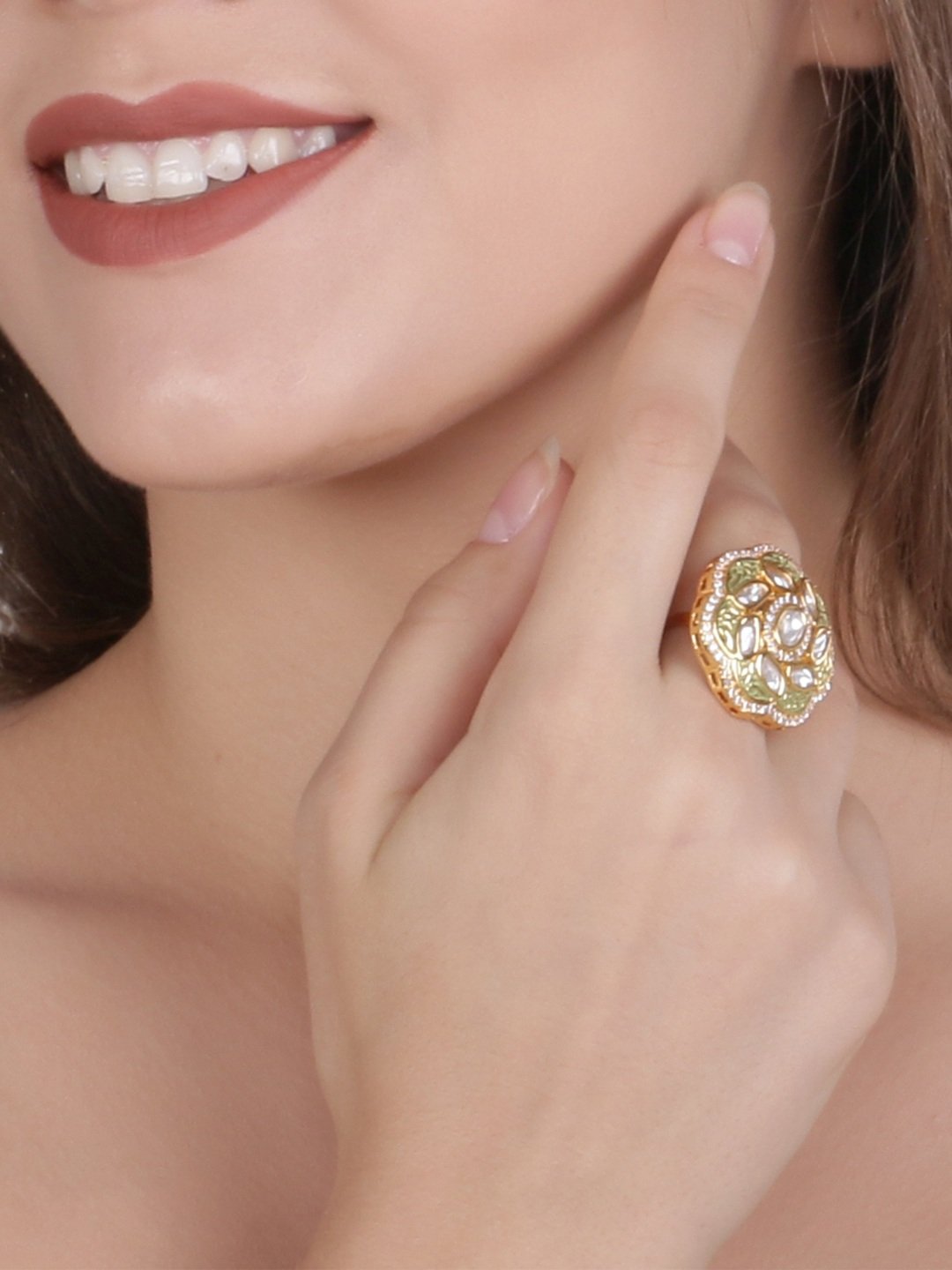 Round Flower with Unique Stone Studded Petals Finger Ring - Image 3