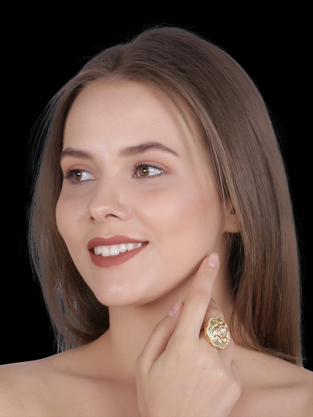 Round Flower with Unique Stone Studded Petals Finger Ring - Image 4