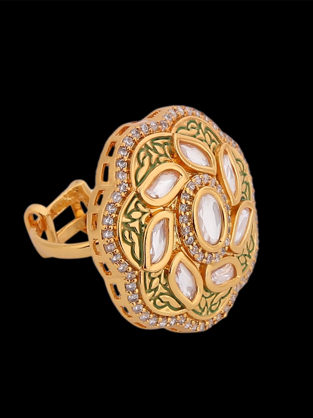 Round Flower with Unique Stone Studded Petals Finger Ring - Image 5