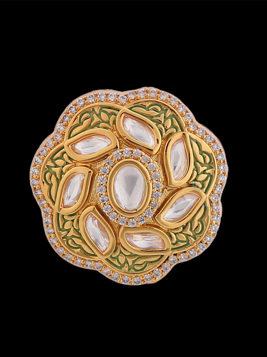 Round Flower with Unique Stone Studded Petals Finger Ring - Image 6