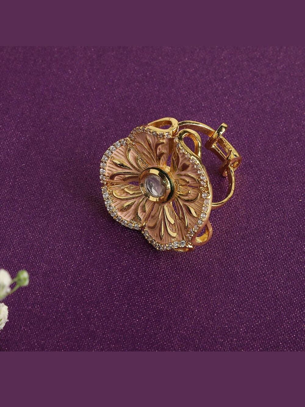 Floral Peach Finger Ring with White Stone