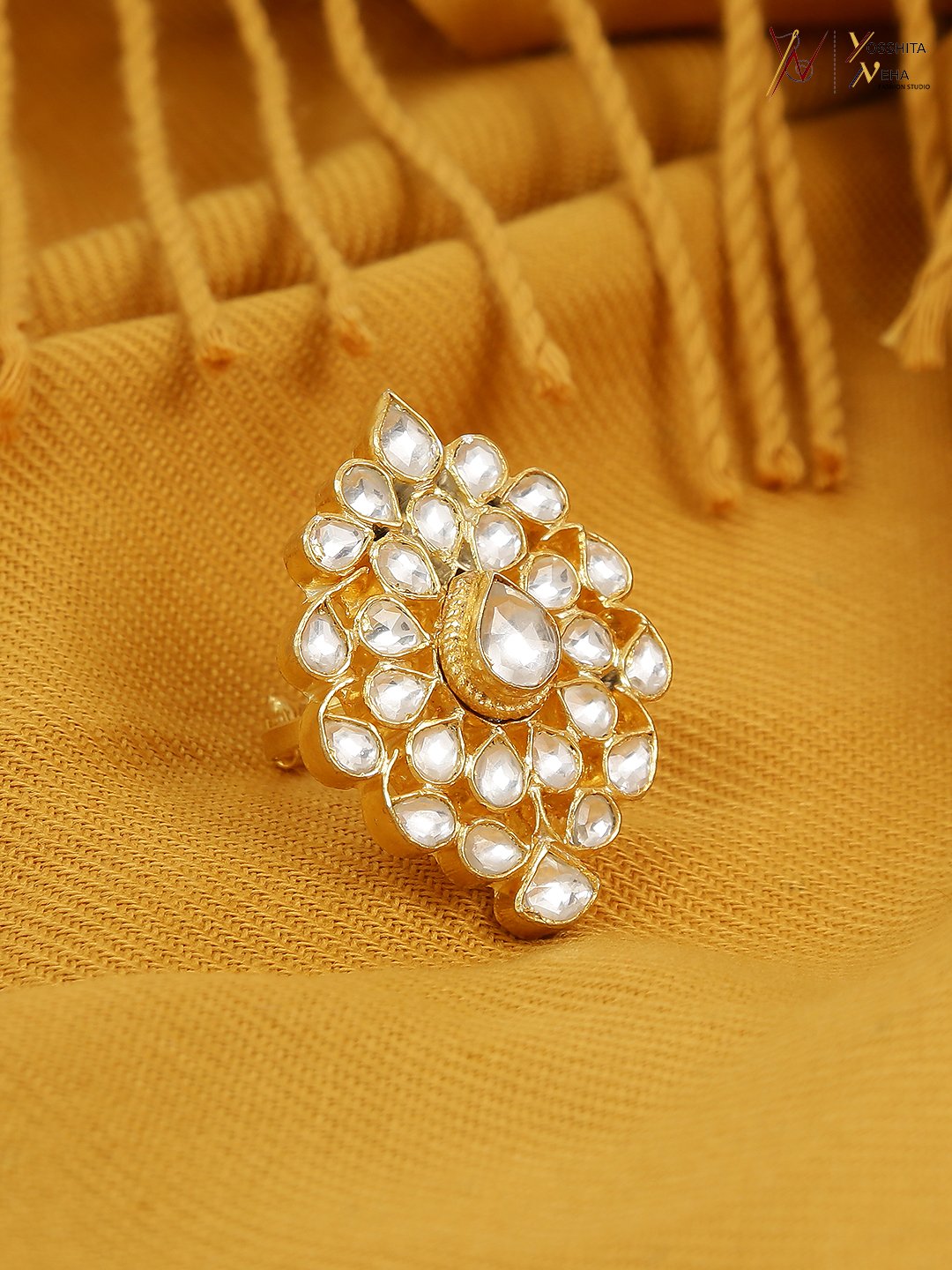 Leaf Shaped Kundan Studded Finger Ring - Image 2
