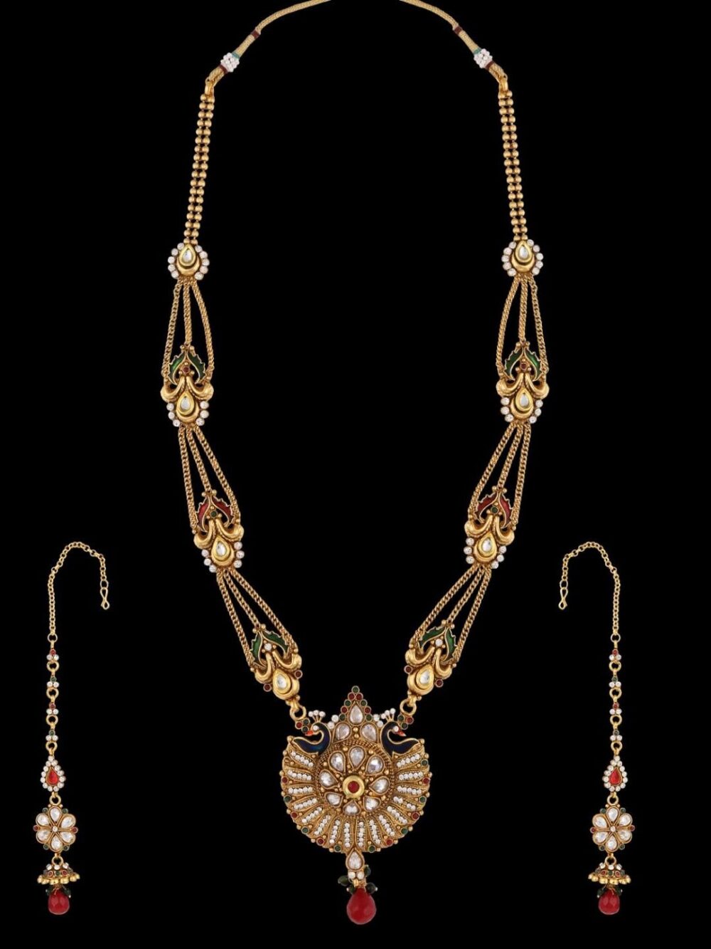 BUY Rare Beautiful Half Micro Gold Polished Antique Diamond long Jewellery Set for Women - Image 6