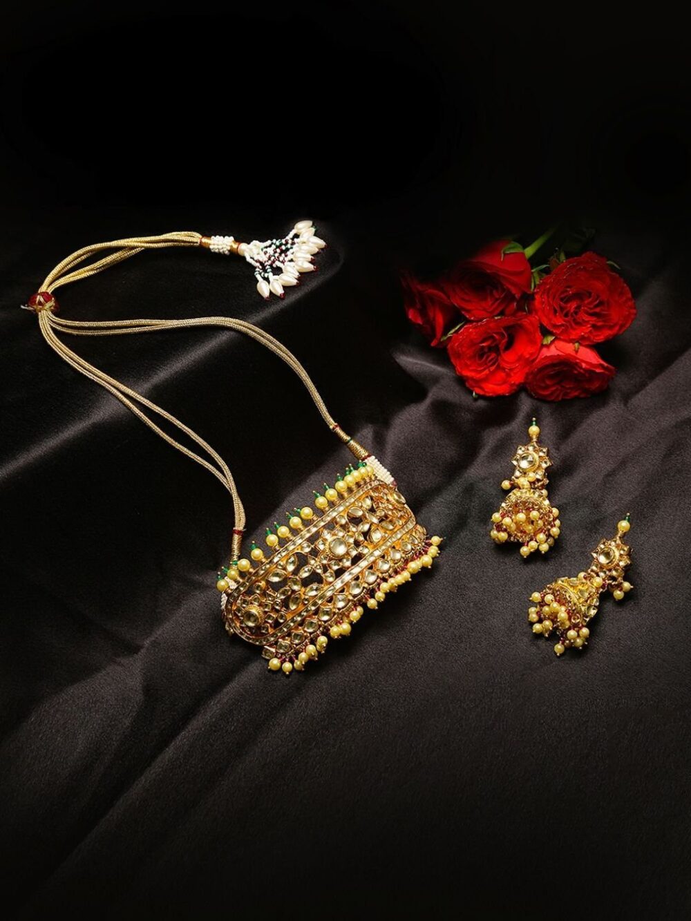 Fancy Micro Gold Polished Semi Precious Kundan, Coloured Beads & Pearl Necklace set for women.