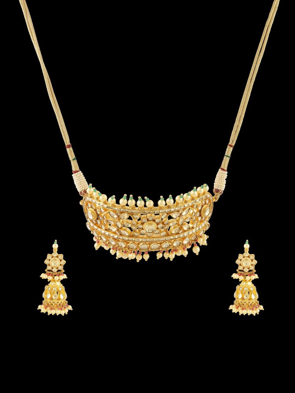 Fancy Micro Gold Polished Semi Precious Kundan, Coloured Beads & Pearl Necklace set for women. - Image 6
