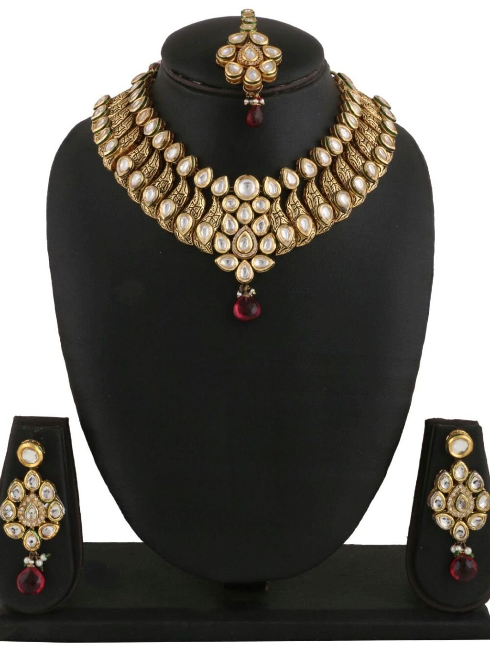 Buy Gold Polished Jewelry Design With White Beads For Bride - Image 2