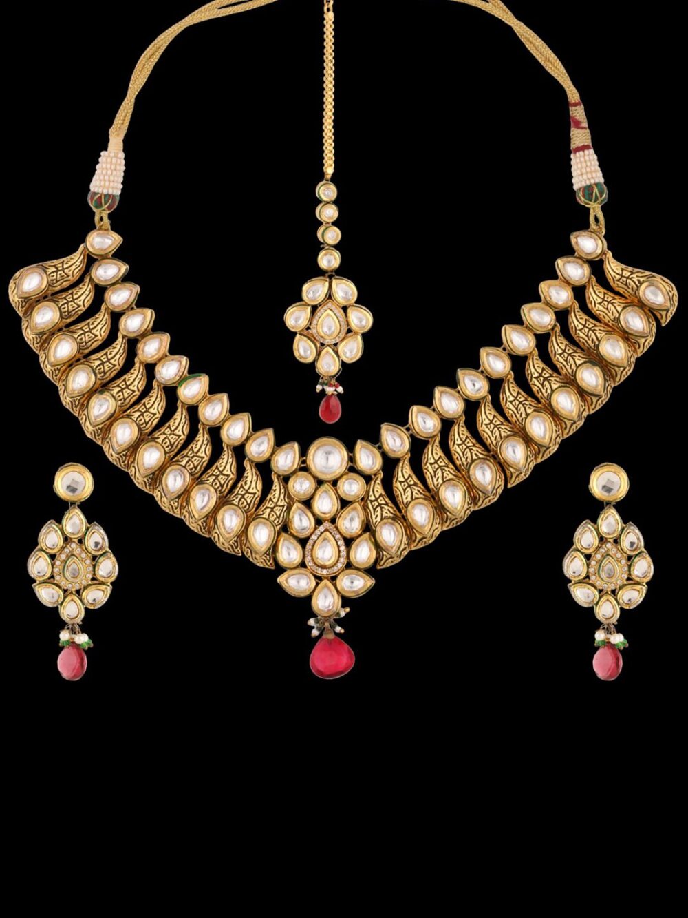 Buy Gold Polished Jewelry Design With White Beads For Bride - Image 3