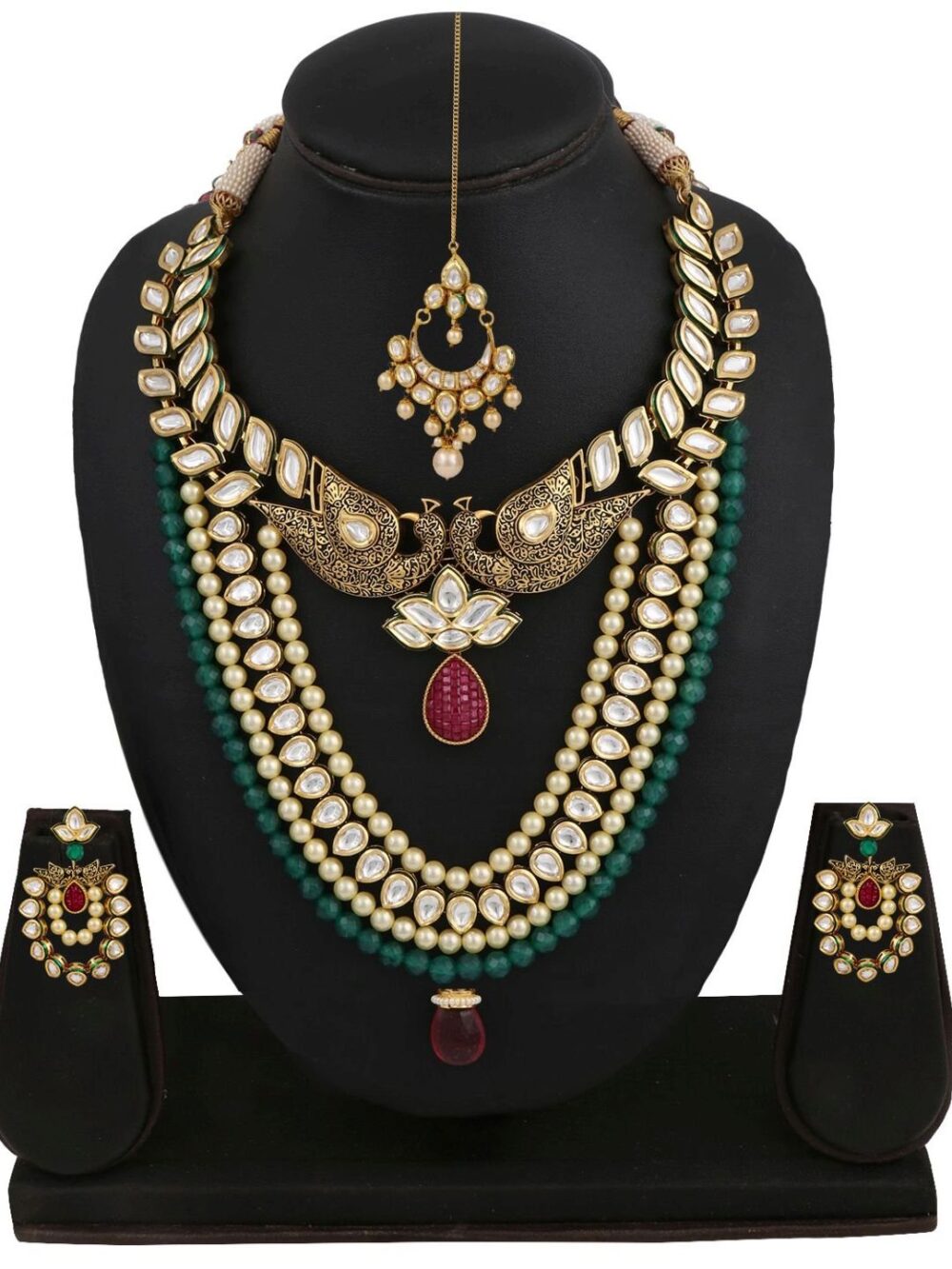 Traditional 24 Karat Gold Polished Semi Precious Zircon Polki/Kundan Jewellery Set for Women