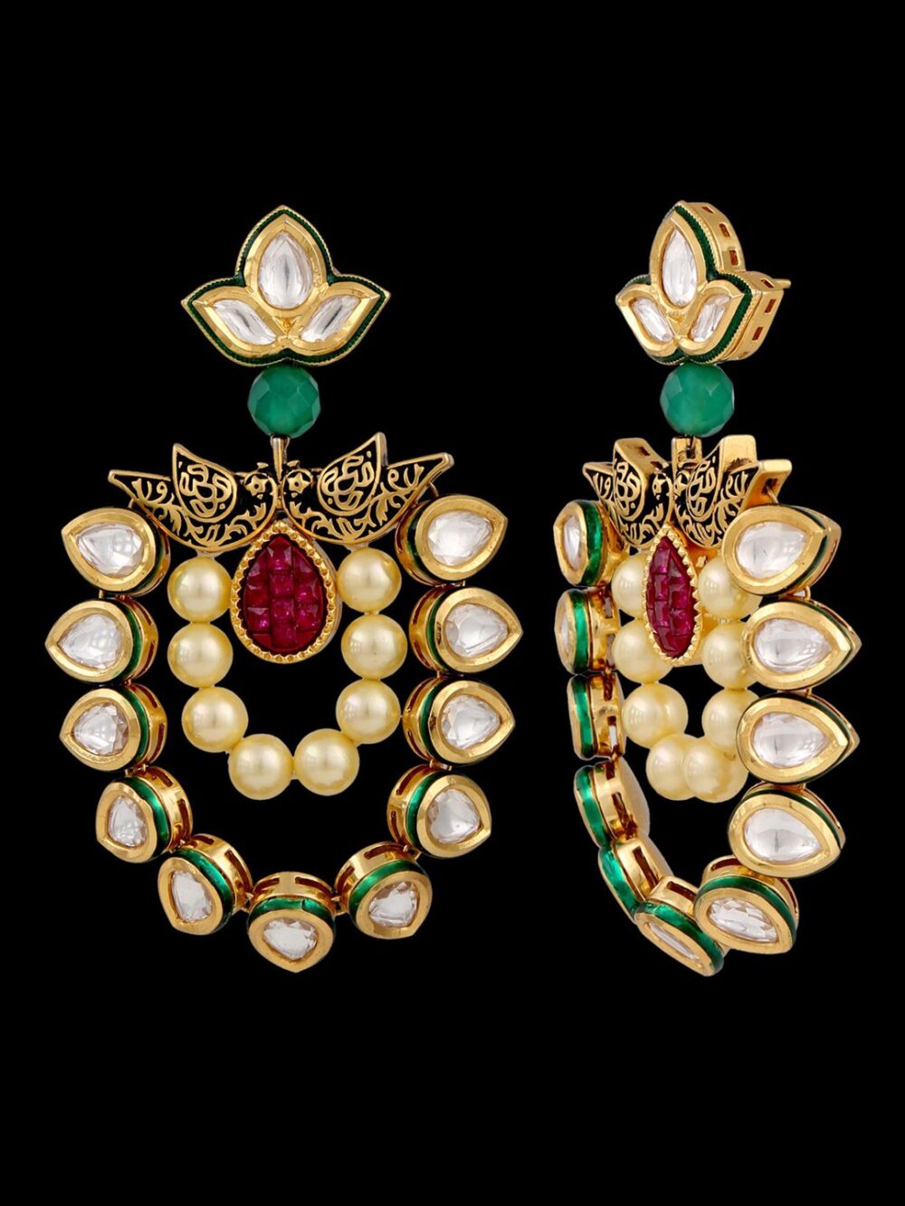 Traditional 24 Karat Gold Polished Semi Precious Zircon Polki/Kundan Jewellery Set for Women - Image 3