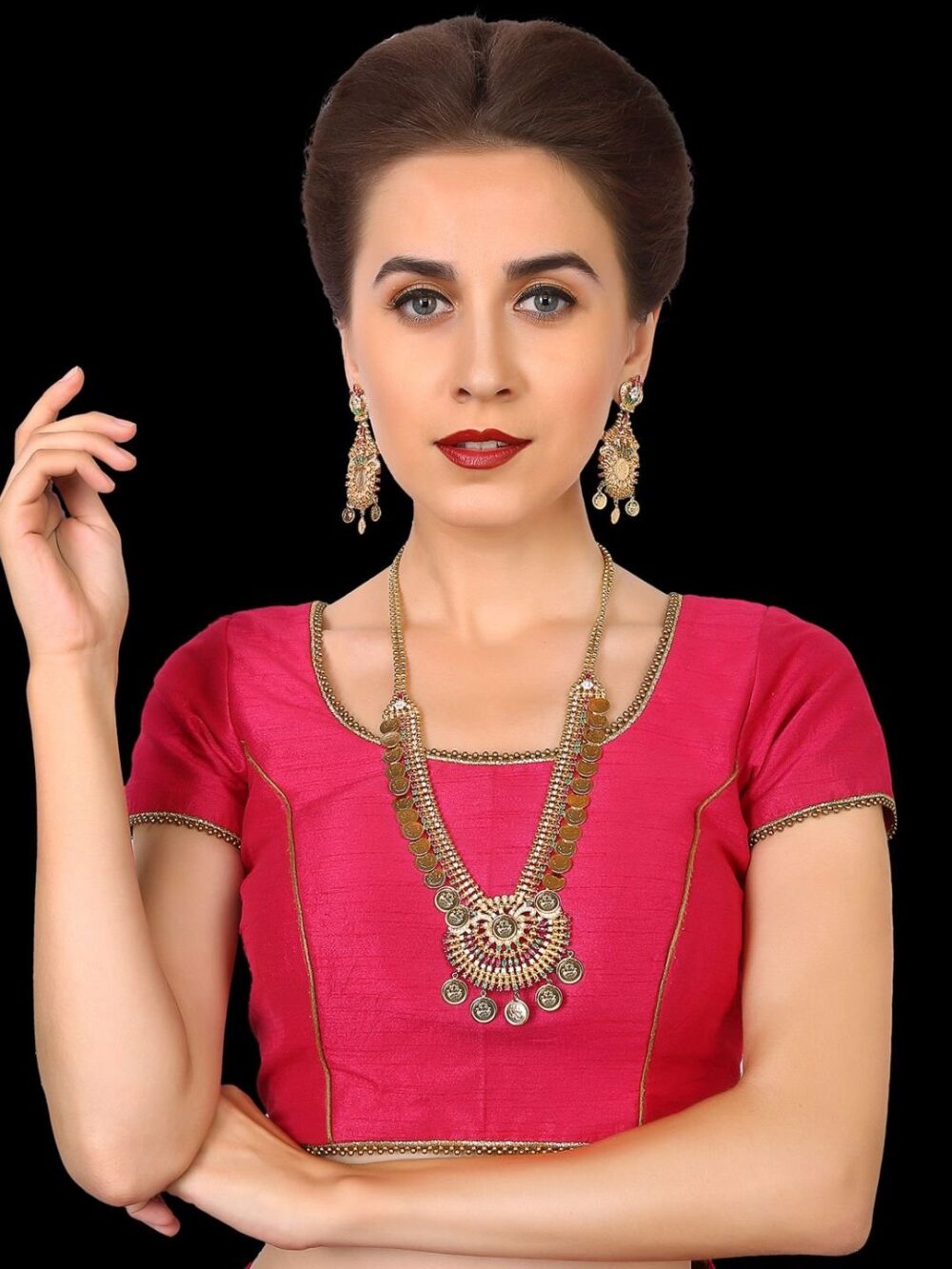South Indian Splendor: Golden Necklace Set with Chandbali Earrings