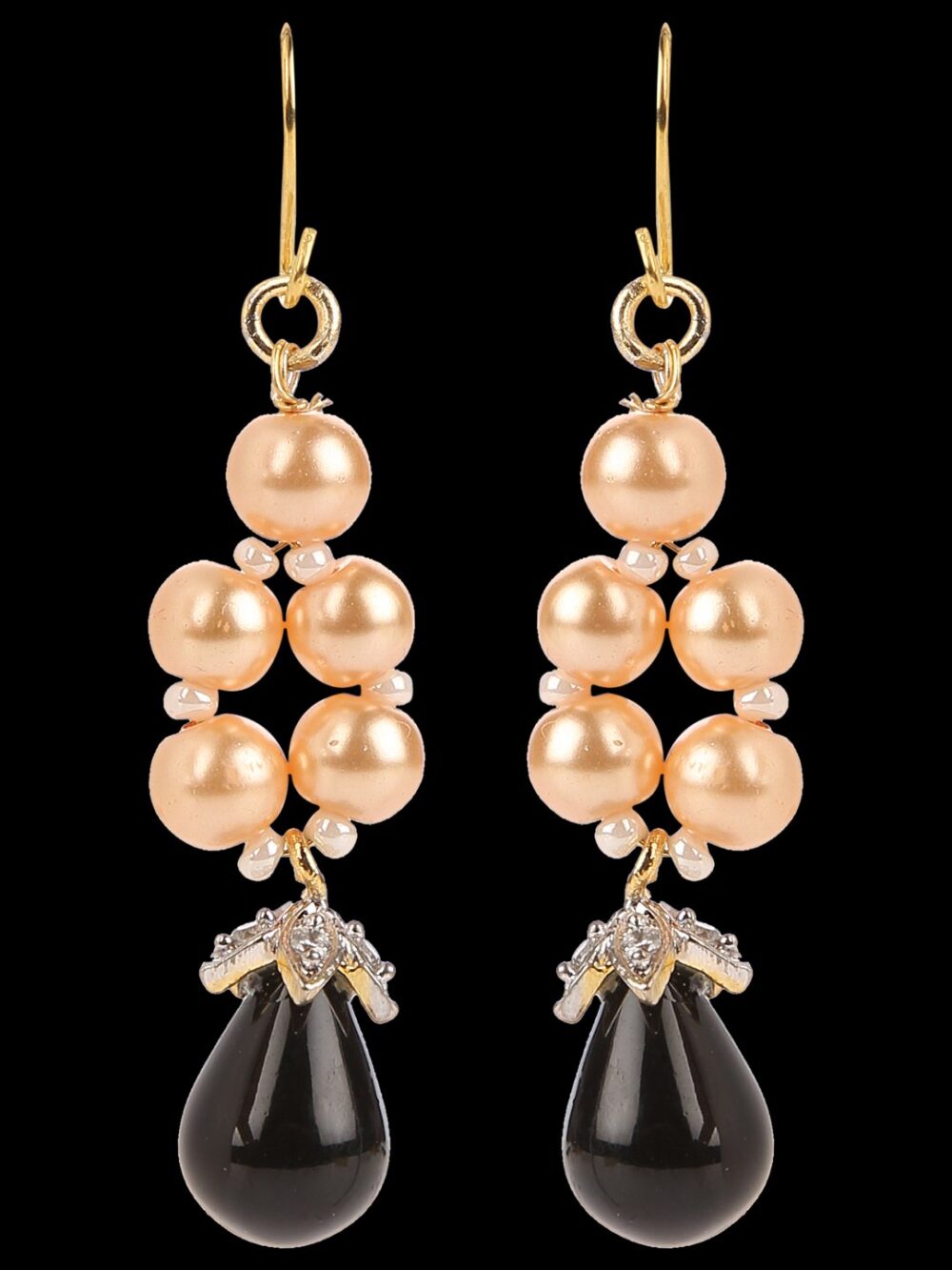 Black and Peach Freshwater Pearl Necklace and Earring Set with Diamond Accents - Image 5