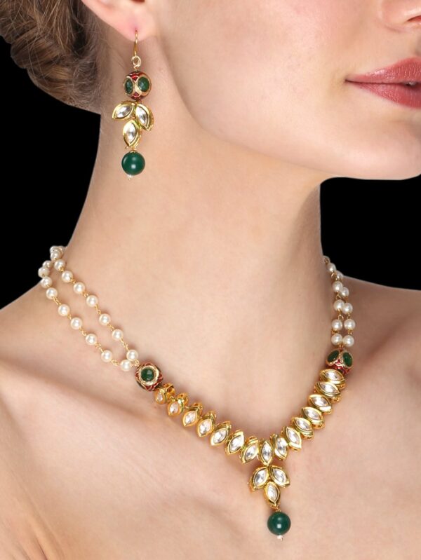 Fancy Micro Gold Polished Semi Precious Kundan, Coloured Beads & Pearl Necklace set K1 - Image 2