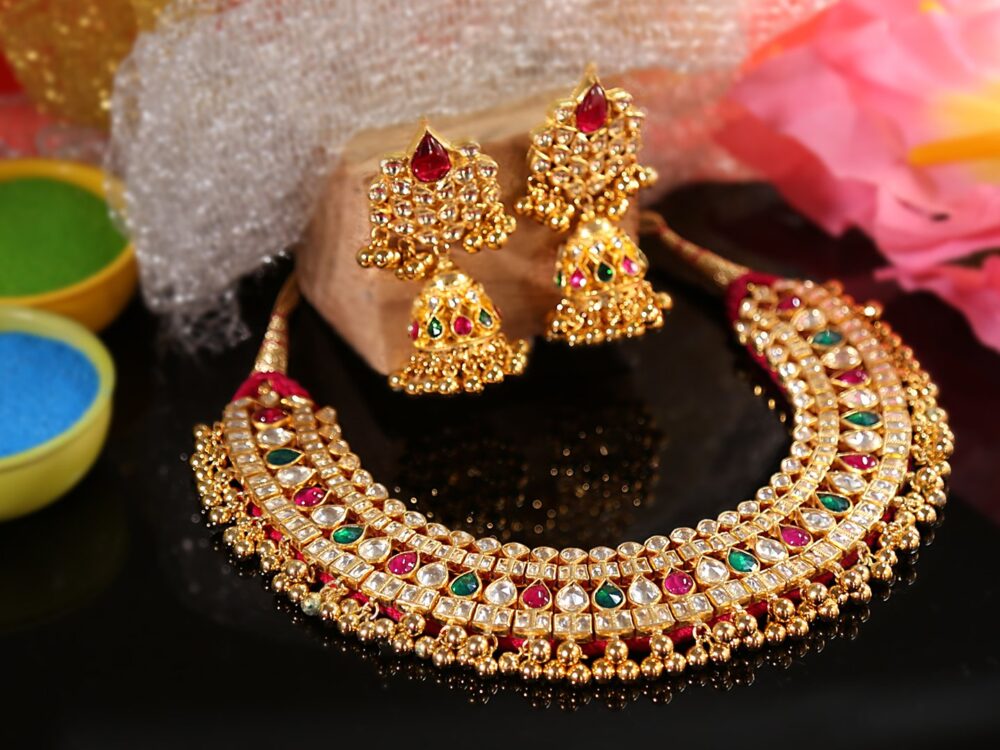 Fancy Micro Gold Polished Semi Precious Kundan & Golden Beads Necklace set K1285ON - Image 8