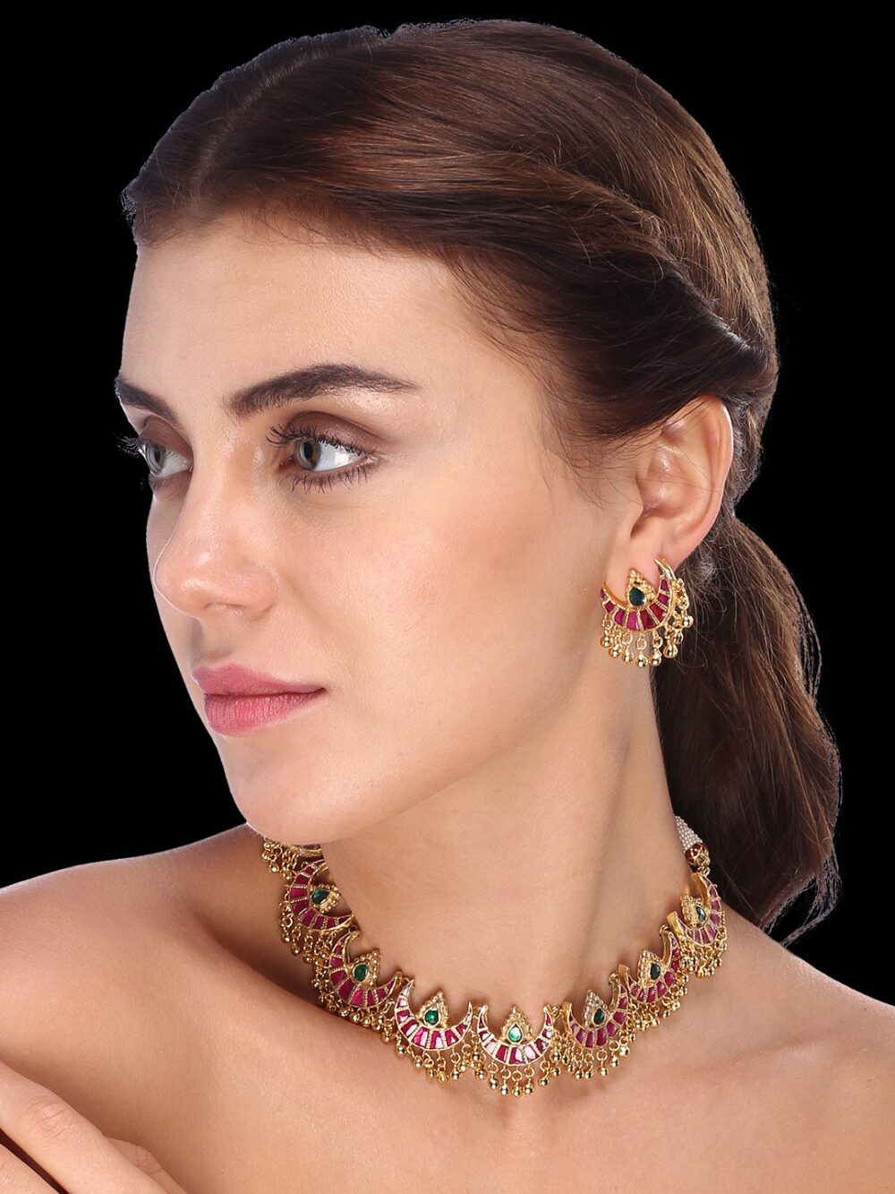 Buy Pink Color Gold Polished Kundan Jewelery Set For Bride