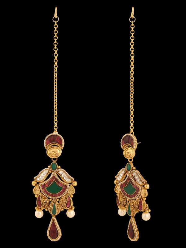 Gold finish with emerald kundan and pearl nose ring - Image 6