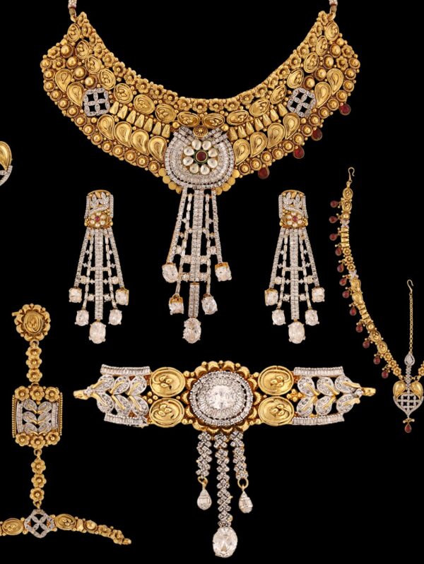 Gold-Polished Cubic Zirconia Bridal Set with Necklace Choker, Earrings, and Maang Tikka - Image 8