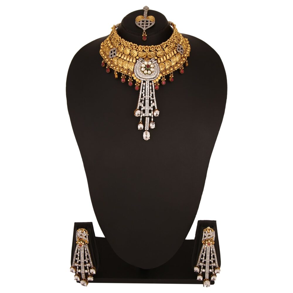 Gold-Polished Cubic Zirconia Bridal Set with Necklace Choker, Earrings, and Maang Tikka - Image 7