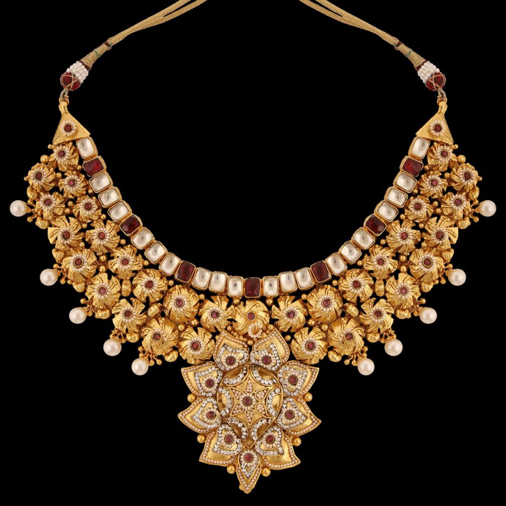 Buy Big Petals Design Semi Gold Finished Antique Bridal Jewelry - Image 8