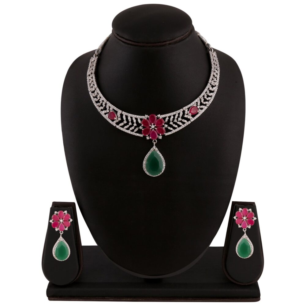 Buy Glamourous Gemstone American Diamond Necklace Set