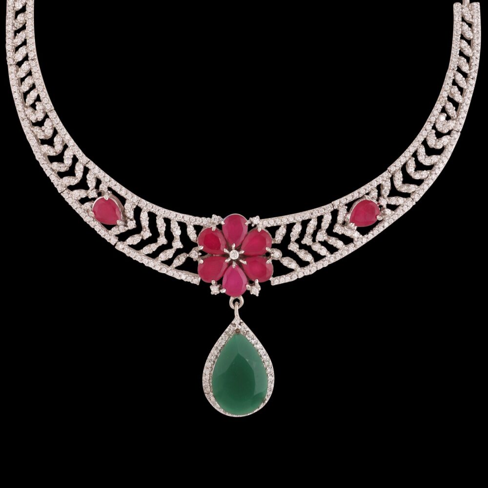 Buy Glamourous Gemstone American Diamond Necklace Set - Image 3