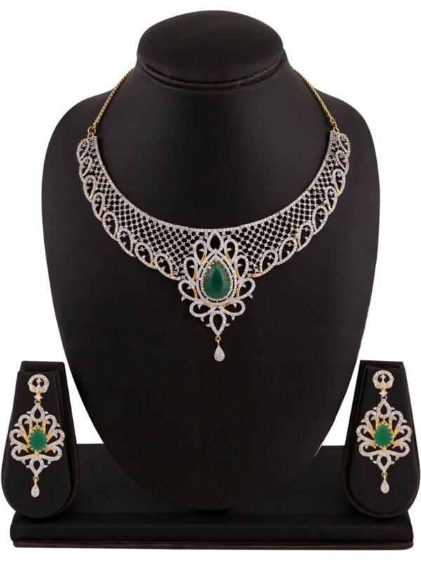 BUY Green Stone American Diamond Necklace Jewelry Set - Image 2