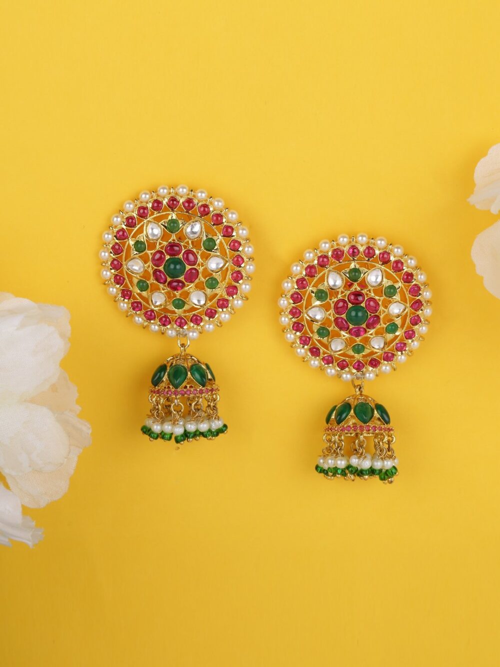 Golden Floral Clip-On Earrings with Cubic Zirconia and Pearls
