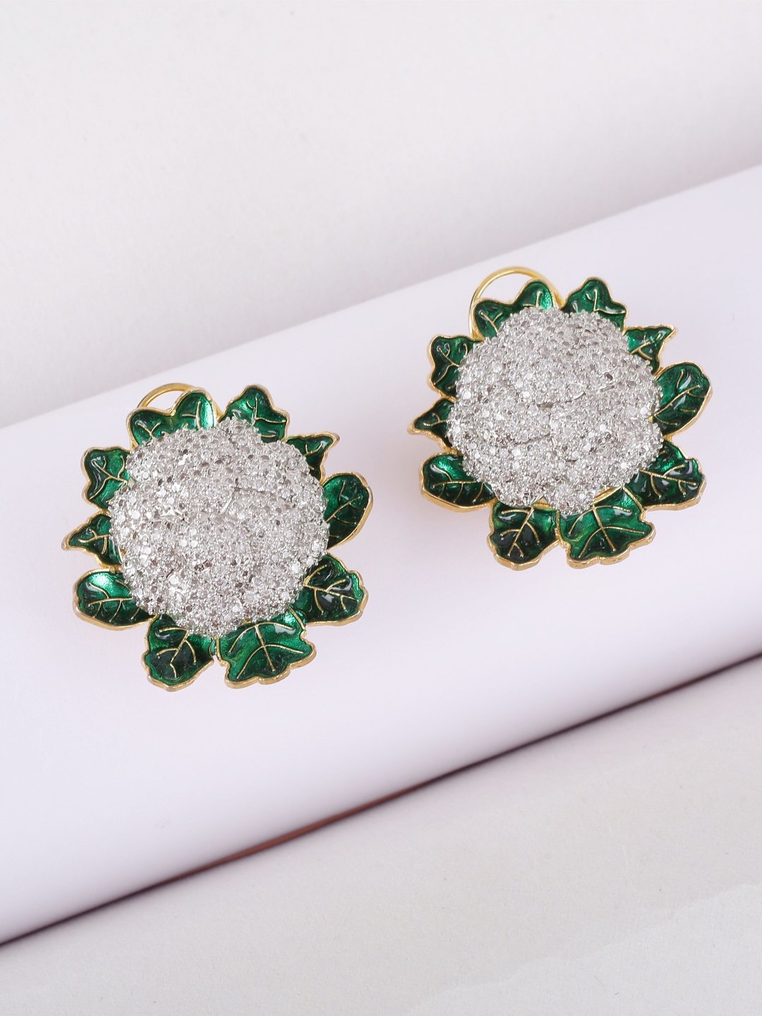 Golden Brass Floral Drop Earrings with Emerald and Cubic Zirconia