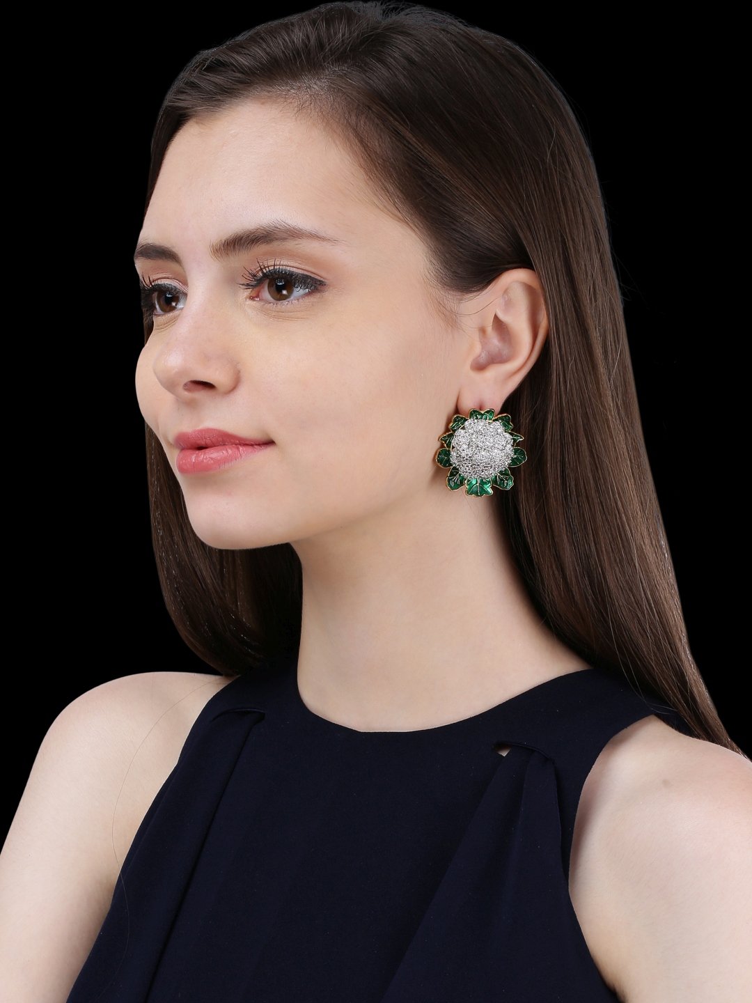 Golden Brass Floral Drop Earrings with Emerald and Cubic Zirconia - Image 2