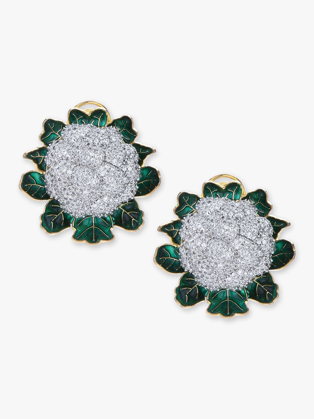 Golden Brass Floral Drop Earrings with Emerald and Cubic Zirconia - Image 3