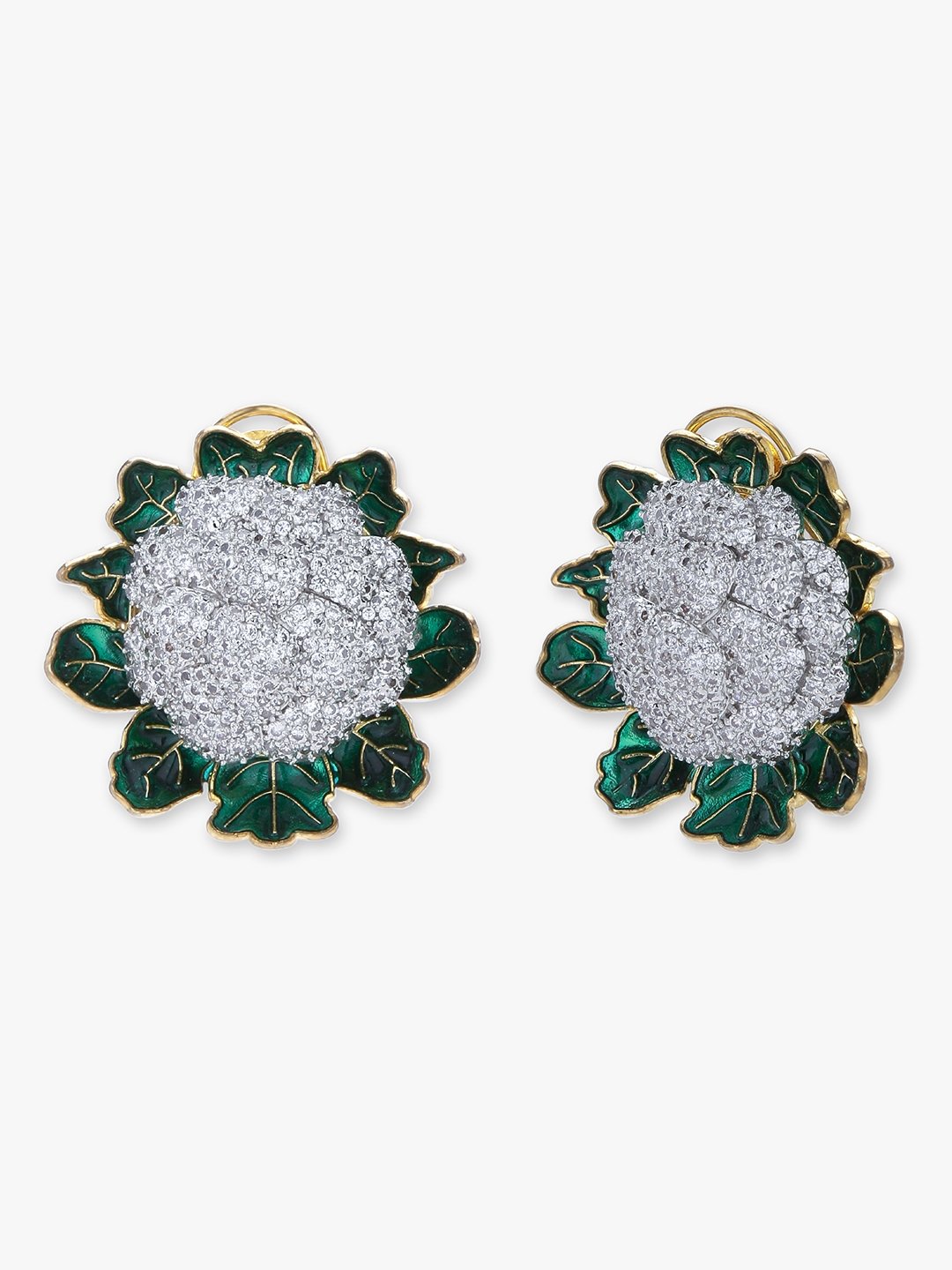 Golden Brass Floral Drop Earrings with Emerald and Cubic Zirconia - Image 4