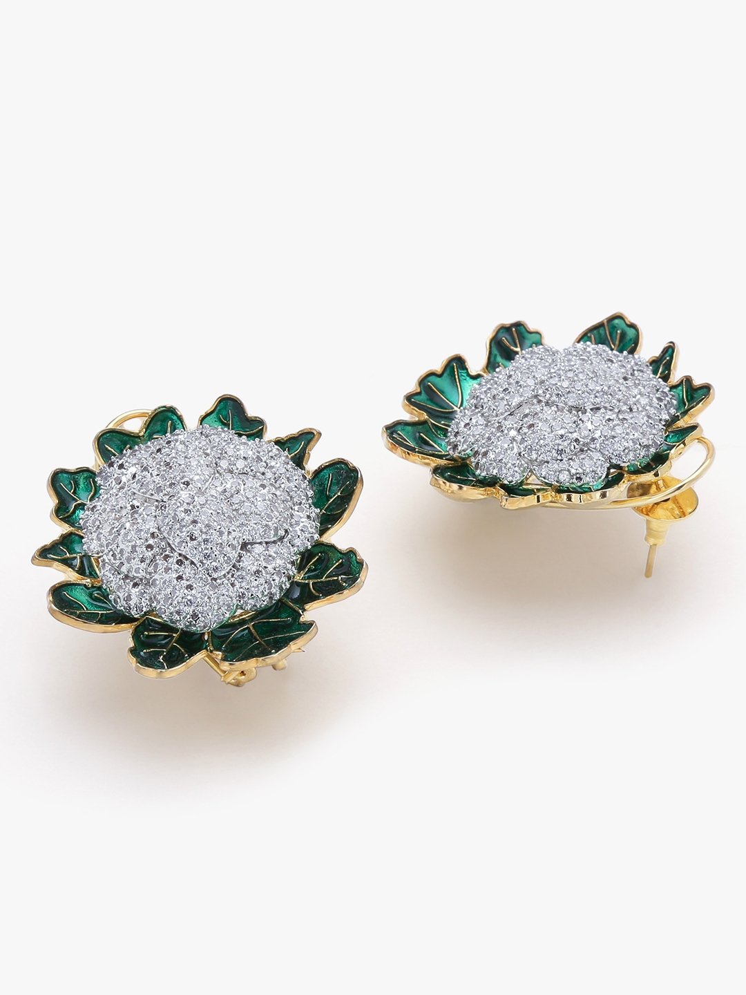 Golden Brass Floral Drop Earrings with Emerald and Cubic Zirconia - Image 5