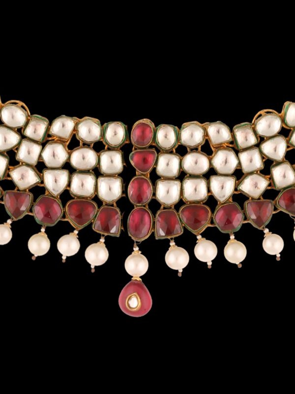 Buy Red White Stone Kundan Necklace set - Image 3