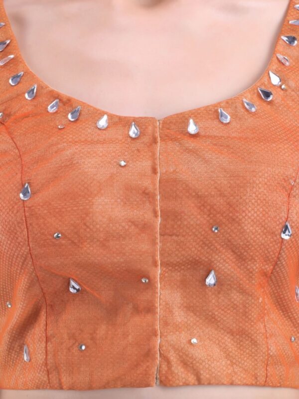 Orange net and brocade blouse with stone detailing - Image 5