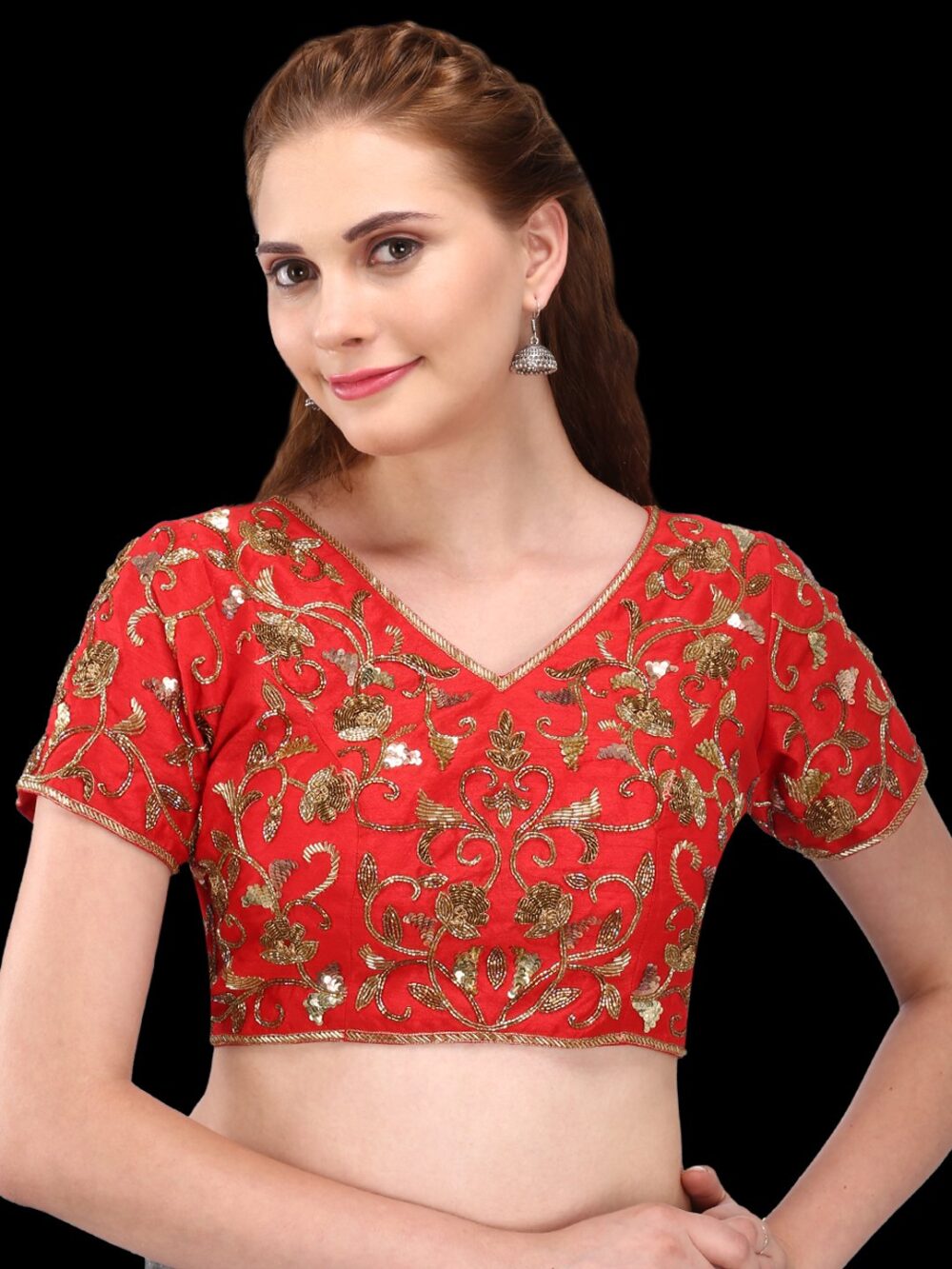 Red raw silk bridal blouse with heavy zardozi work