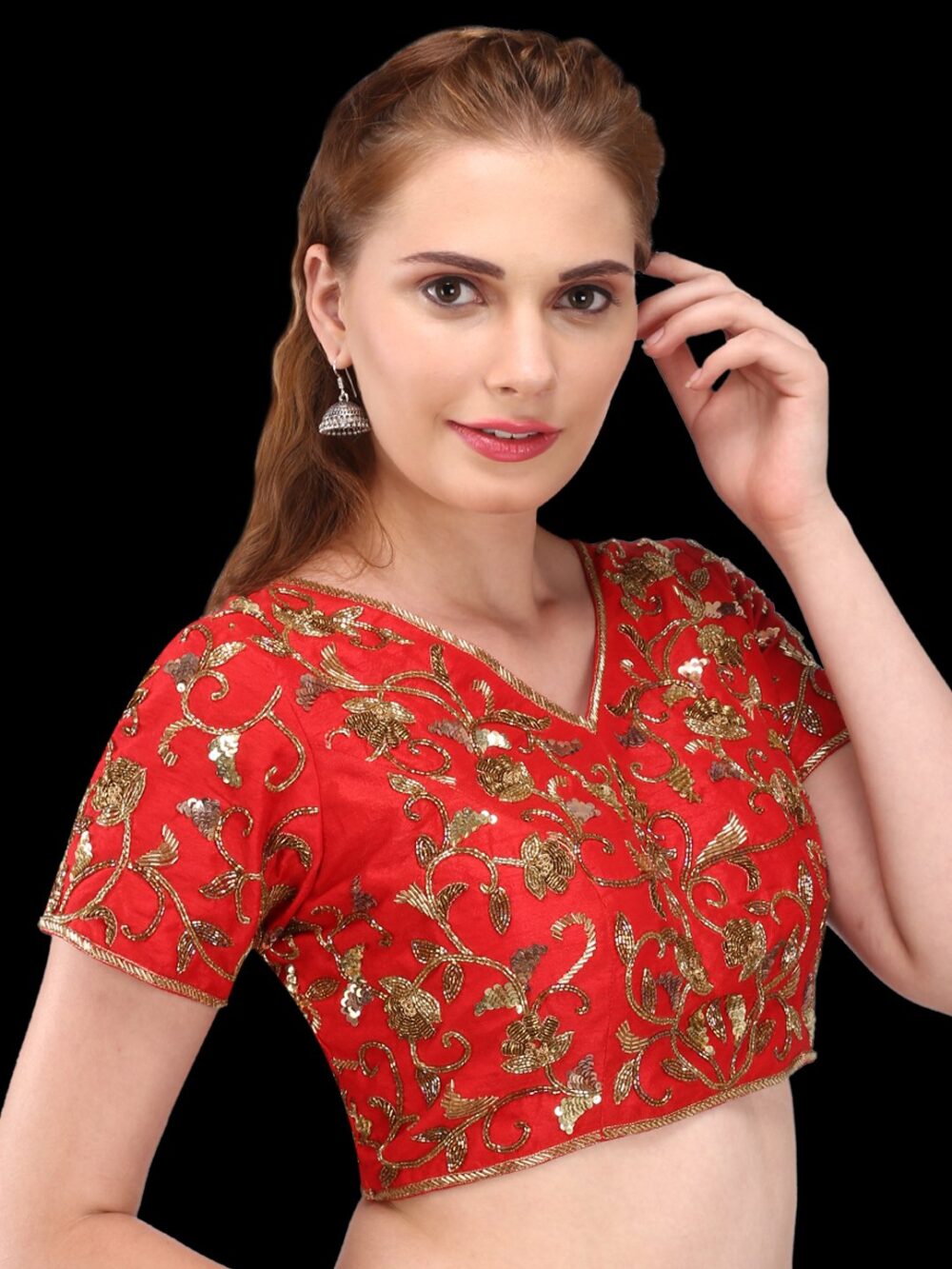 Red raw silk bridal blouse with heavy zardozi work - Image 3