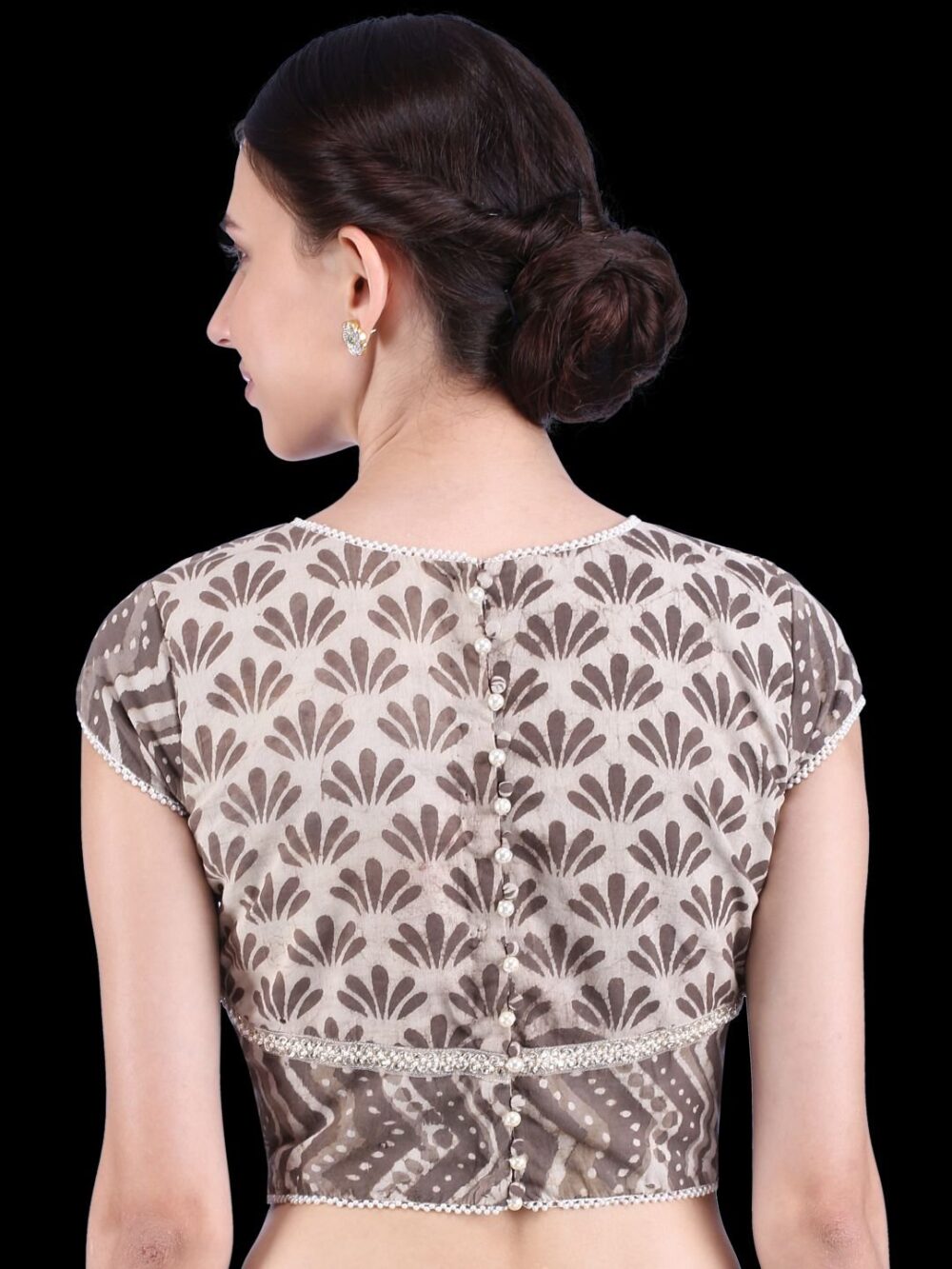 Hand block brown and buff Dabu/Daboo print cotton blouse with zardozi detail - Image 6