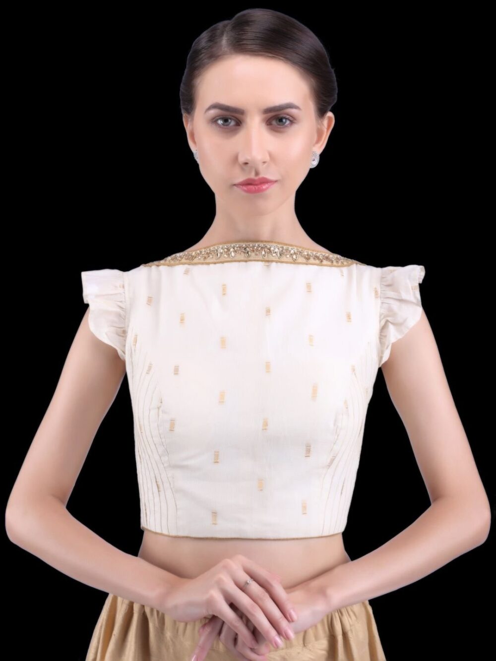 Kerala Kasavu Inspired Cream and Gold Colour Cotton Blouse with Butterfly Sleeves