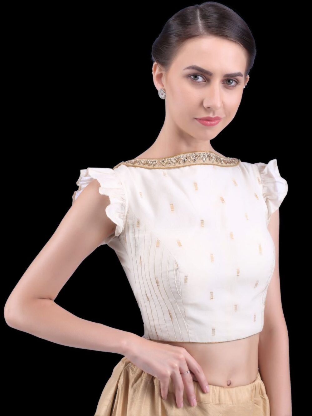 Kerala Kasavu Inspired Cream and Gold Colour Cotton Blouse with Butterfly Sleeves - Image 4