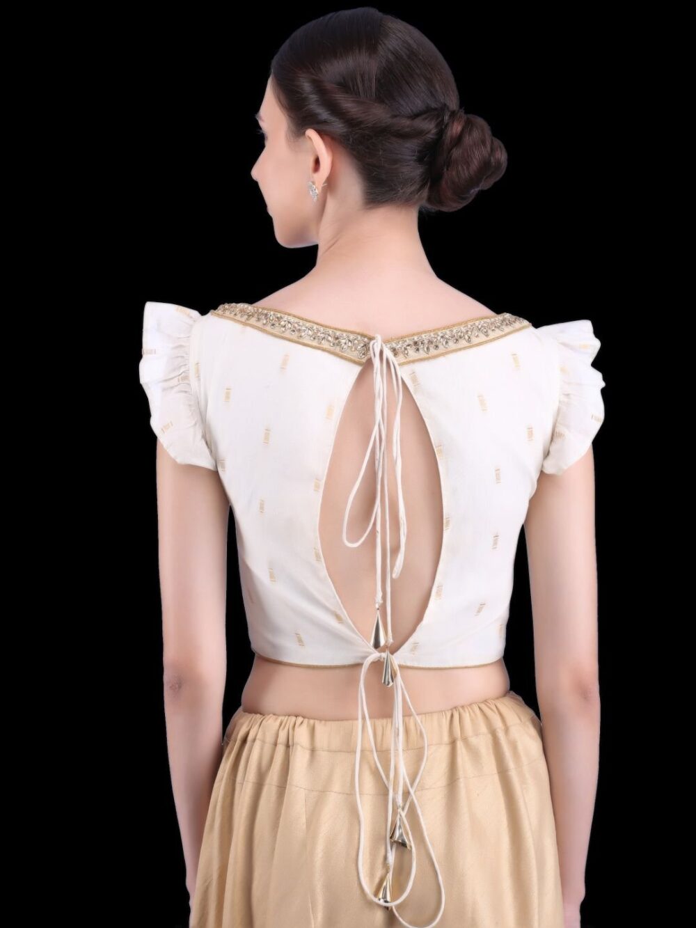 Kerala Kasavu Inspired Cream and Gold Colour Cotton Blouse with Butterfly Sleeves - Image 5