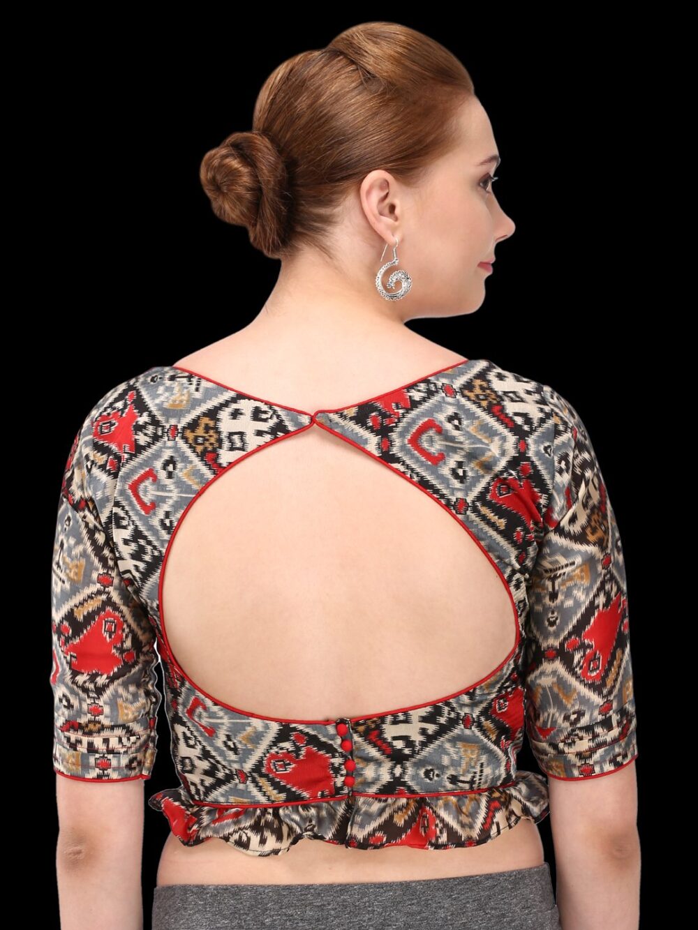 Patola inspired grey, black and red art silk peplum style blouse - Image 3