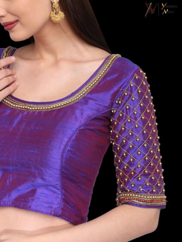 Blue purple shadow raw silk blouse with hand zardozi embroidery (maggam work). - Image 6