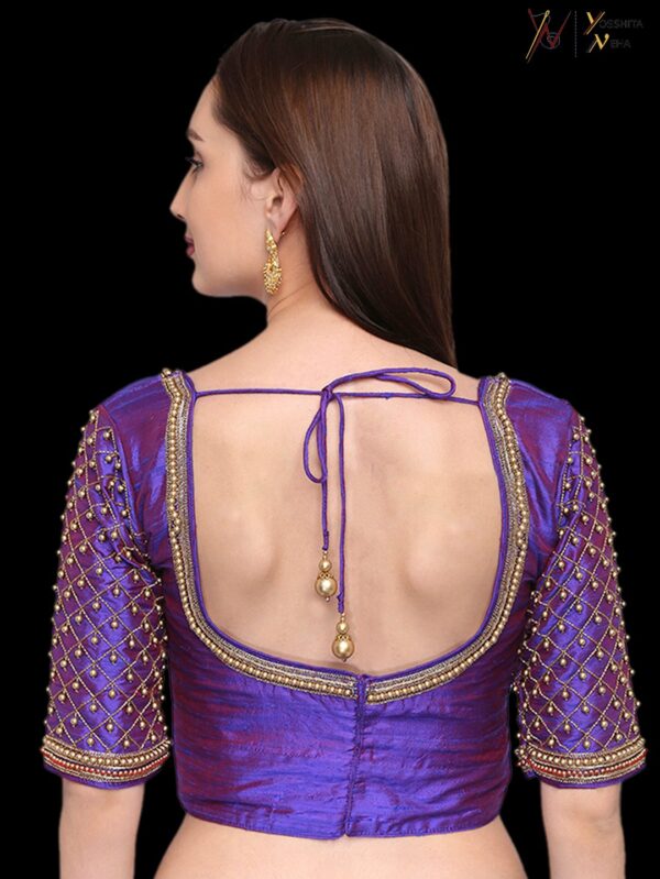 Blue purple shadow raw silk blouse with hand zardozi embroidery (maggam work). - Image 7