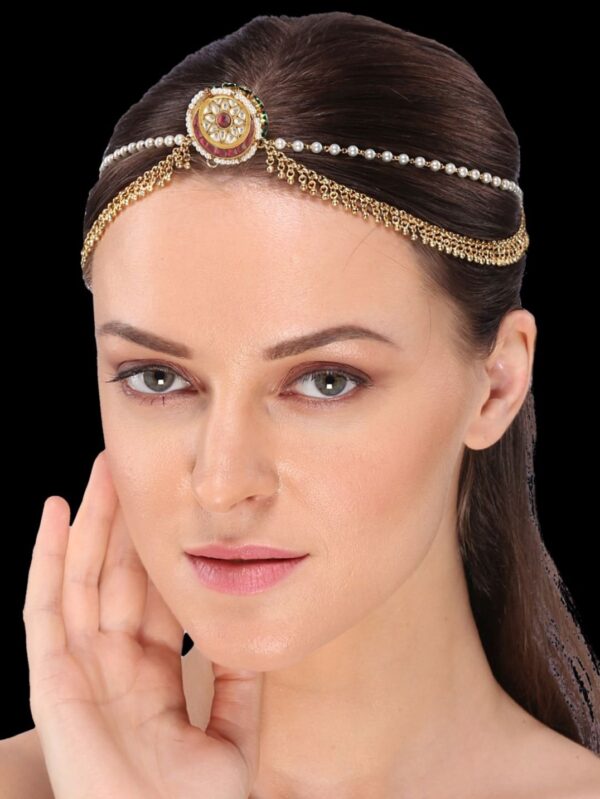 Kundan, pearl and gold finish Borla with red stones